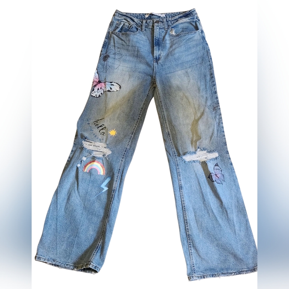 Tinseltown Jr's Distressed Blue Jeans with Butterfly Painted Designs